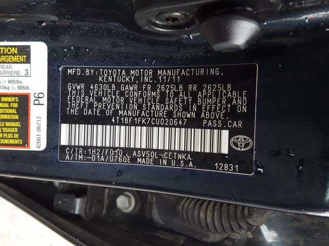 Photo 9 VIN: 4T1BF1FK7CU020647 - TOYOTA CAMRY BASE 