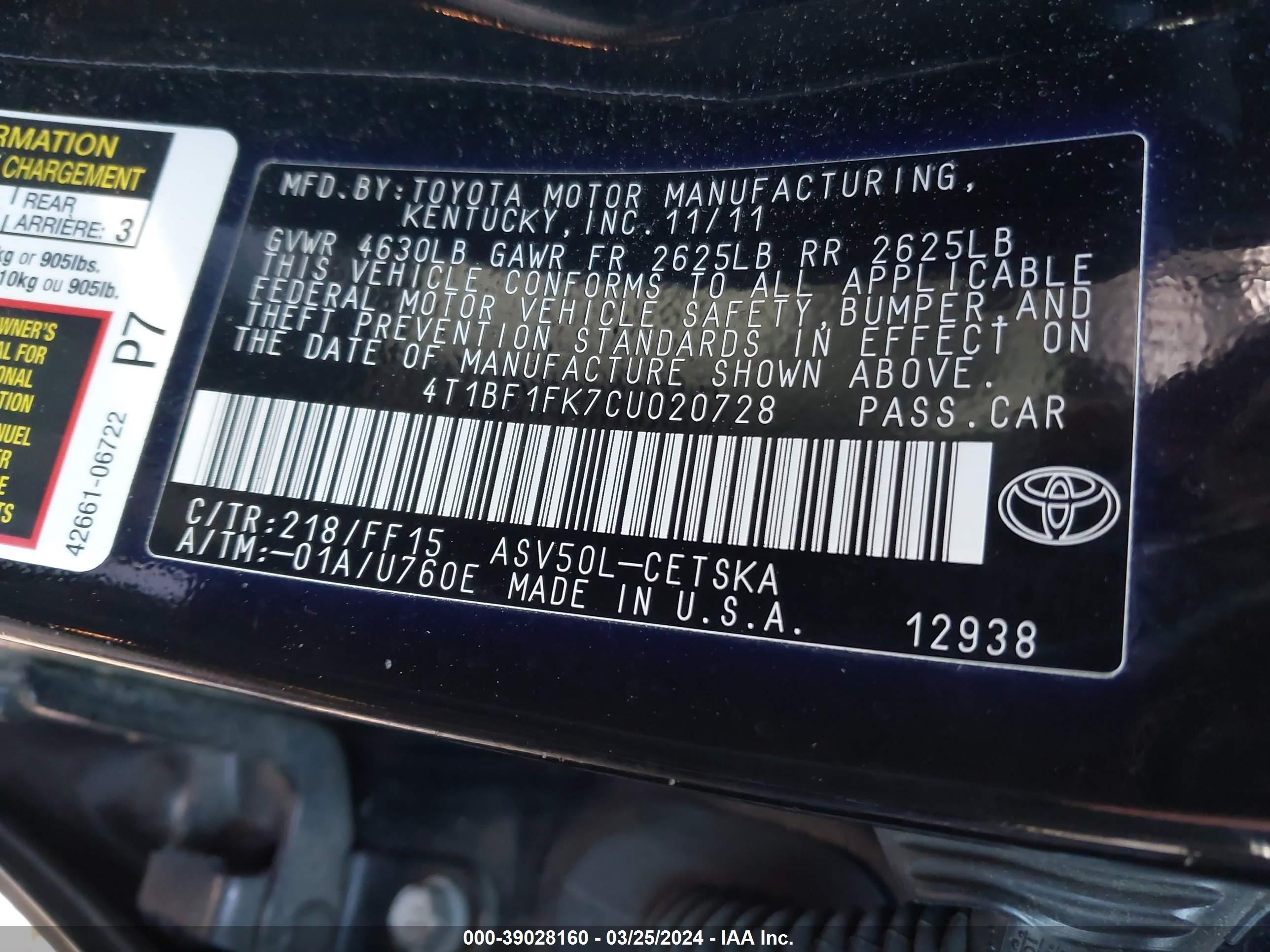 Photo 8 VIN: 4T1BF1FK7CU020728 - TOYOTA CAMRY 