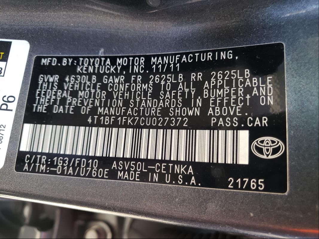 Photo 9 VIN: 4T1BF1FK7CU027372 - TOYOTA CAMRY BASE 