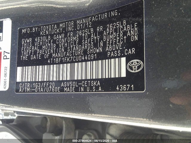 Photo 8 VIN: 4T1BF1FK7CU044091 - TOYOTA CAMRY 