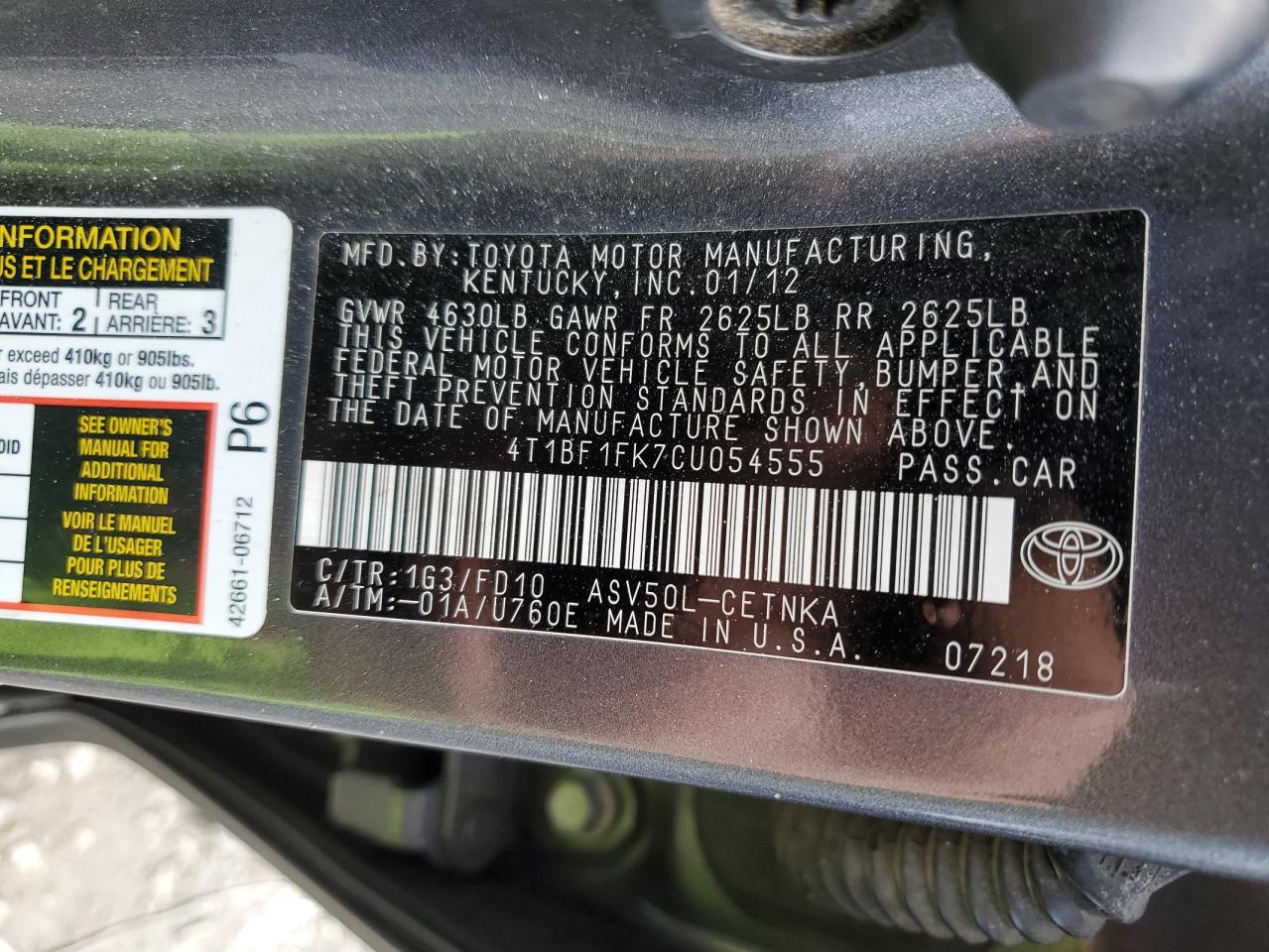 Photo 11 VIN: 4T1BF1FK7CU054555 - TOYOTA CAMRY 