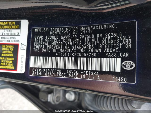 Photo 8 VIN: 4T1BF1FK7CU057780 - TOYOTA CAMRY 