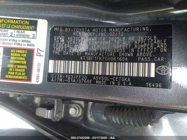 Photo 8 VIN: 4T1BF1FK7CU061604 - TOYOTA CAMRY 