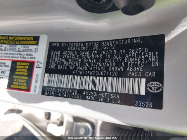 Photo 8 VIN: 4T1BF1FK7CU074420 - TOYOTA CAMRY 