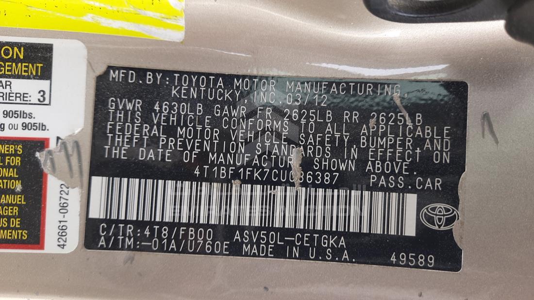 Photo 1 VIN: 4T1BF1FK7CU086387 - TOYOTA CAMRY 