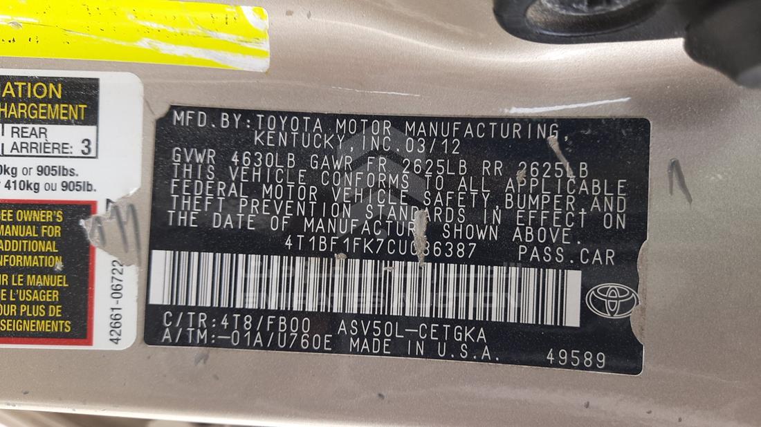 Photo 2 VIN: 4T1BF1FK7CU086387 - TOYOTA CAMRY 