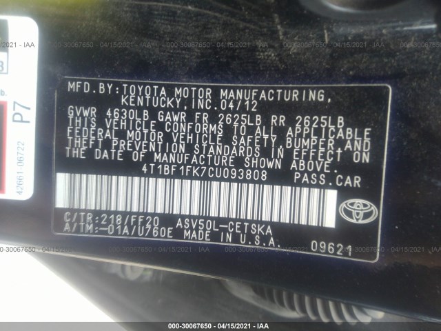 Photo 8 VIN: 4T1BF1FK7CU093808 - TOYOTA CAMRY 