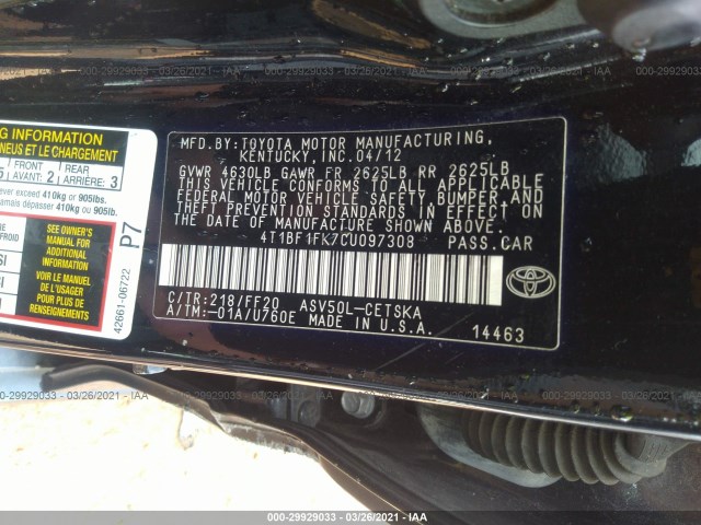 Photo 8 VIN: 4T1BF1FK7CU097308 - TOYOTA CAMRY 