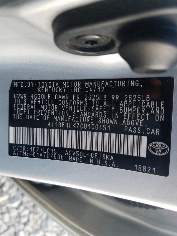 Photo 9 VIN: 4T1BF1FK7CU100451 - TOYOTA CAMRY BASE 