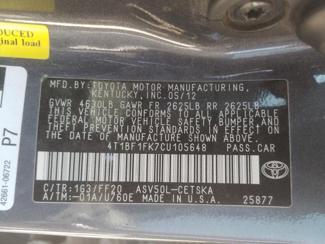 Photo 9 VIN: 4T1BF1FK7CU105648 - TOYOTA CAMRY BASE 