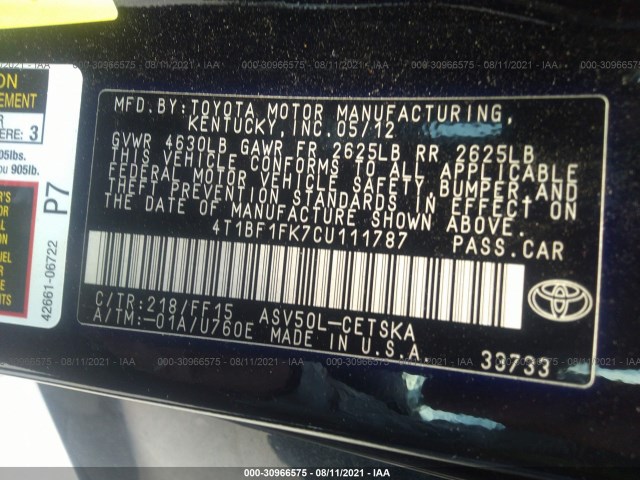 Photo 8 VIN: 4T1BF1FK7CU111787 - TOYOTA CAMRY 