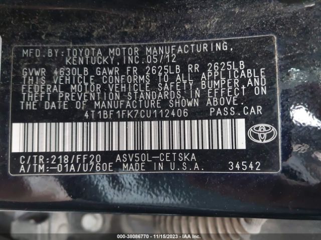 Photo 8 VIN: 4T1BF1FK7CU112406 - TOYOTA CAMRY 