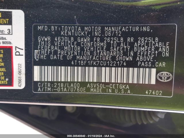 Photo 8 VIN: 4T1BF1FK7CU122174 - TOYOTA CAMRY 