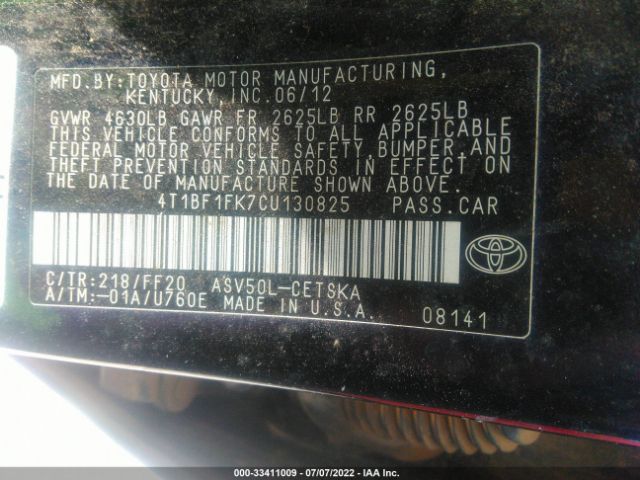 Photo 8 VIN: 4T1BF1FK7CU130825 - TOYOTA CAMRY 