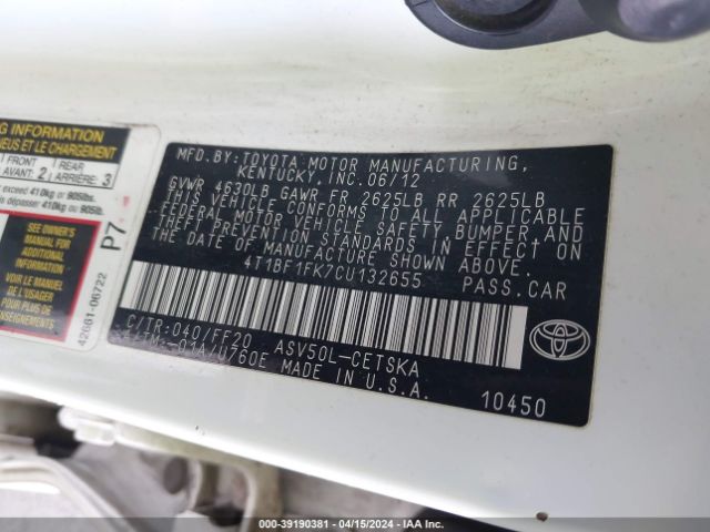 Photo 8 VIN: 4T1BF1FK7CU132655 - TOYOTA CAMRY 