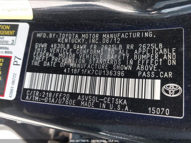 Photo 8 VIN: 4T1BF1FK7CU136396 - TOYOTA CAMRY 