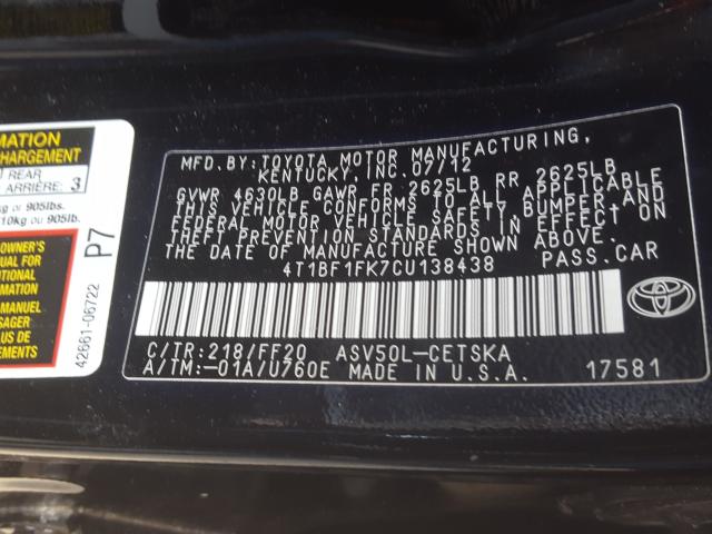 Photo 9 VIN: 4T1BF1FK7CU138438 - TOYOTA CAMRY BASE 