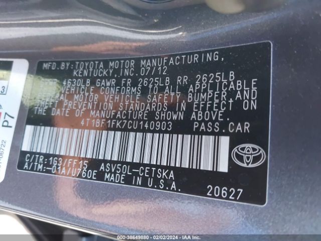 Photo 8 VIN: 4T1BF1FK7CU140903 - TOYOTA CAMRY 