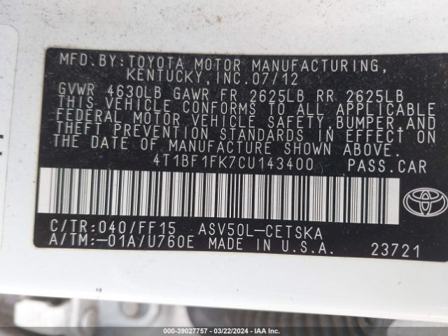 Photo 8 VIN: 4T1BF1FK7CU143400 - TOYOTA CAMRY 