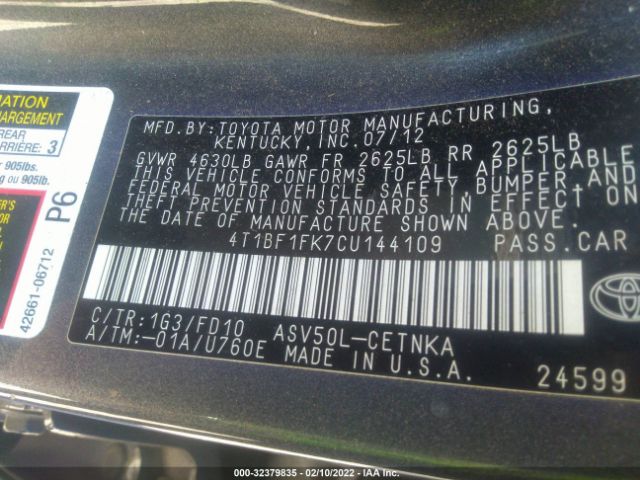 Photo 8 VIN: 4T1BF1FK7CU144109 - TOYOTA CAMRY 