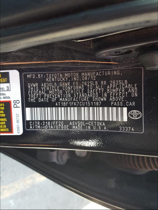 Photo 9 VIN: 4T1BF1FK7CU151187 - TOYOTA CAMRY BASE 