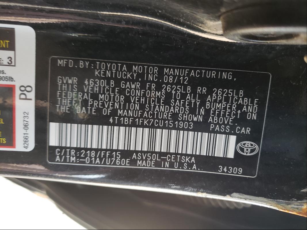 Photo 9 VIN: 4T1BF1FK7CU151903 - TOYOTA CAMRY BASE 