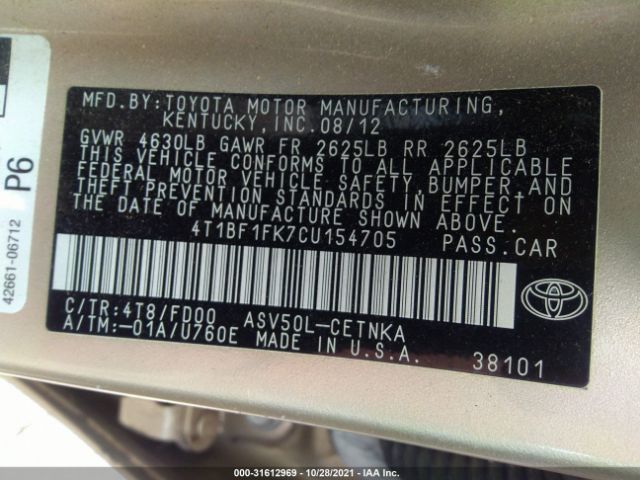 Photo 8 VIN: 4T1BF1FK7CU154705 - TOYOTA CAMRY 