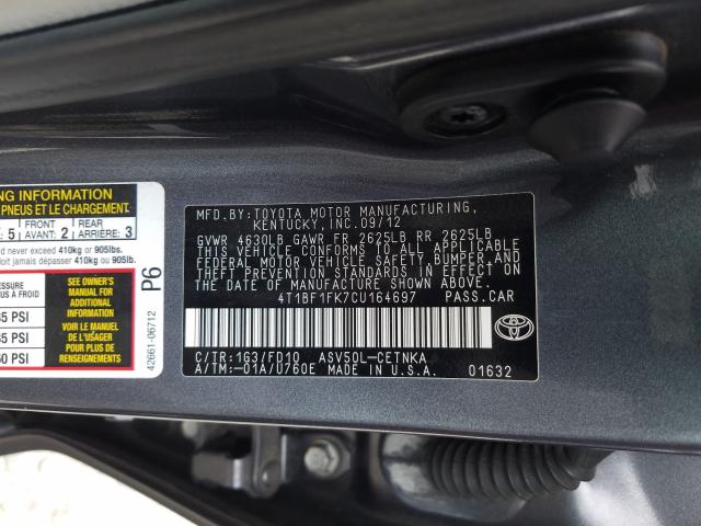 Photo 9 VIN: 4T1BF1FK7CU164697 - TOYOTA CAMRY BASE 