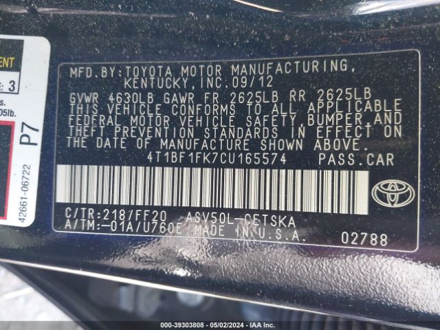 Photo 8 VIN: 4T1BF1FK7CU165574 - TOYOTA CAMRY 