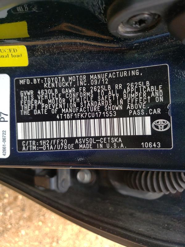 Photo 9 VIN: 4T1BF1FK7CU171553 - TOYOTA CAMRY BASE 