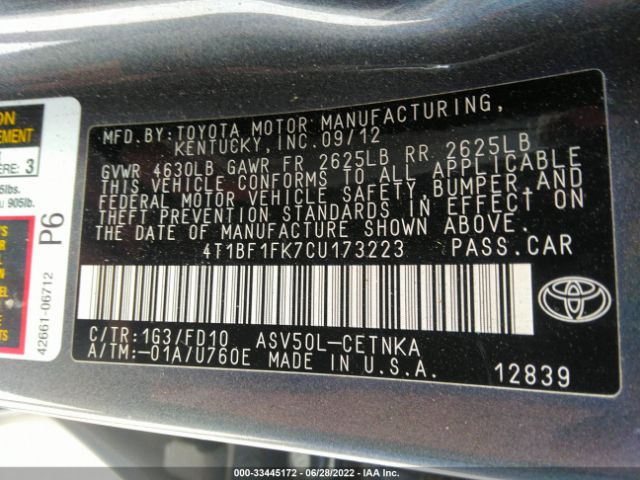 Photo 8 VIN: 4T1BF1FK7CU173223 - TOYOTA CAMRY 