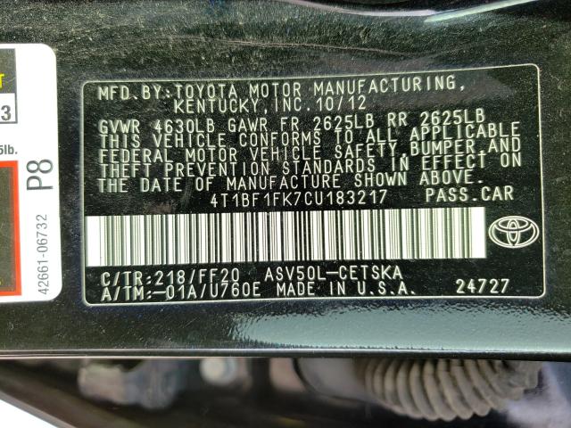 Photo 9 VIN: 4T1BF1FK7CU183217 - TOYOTA CAMRY BASE 