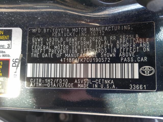 Photo 9 VIN: 4T1BF1FK7CU190572 - TOYOTA CAMRY BASE 