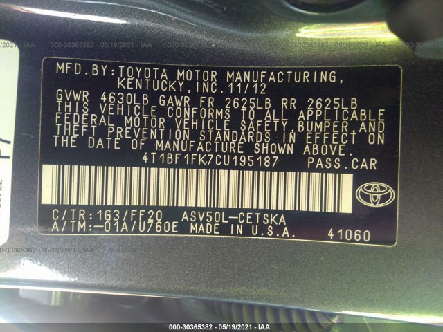 Photo 8 VIN: 4T1BF1FK7CU195187 - TOYOTA CAMRY 