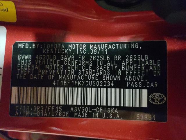 Photo 9 VIN: 4T1BF1FK7CU502034 - TOYOTA CAMRY BASE 