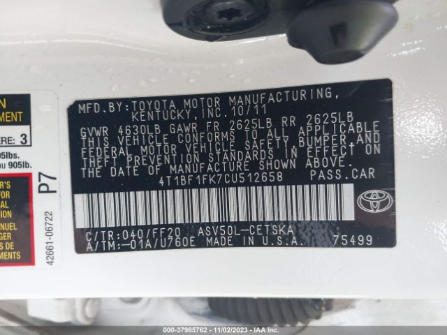 Photo 8 VIN: 4T1BF1FK7CU512658 - TOYOTA CAMRY 