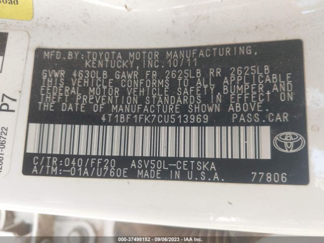 Photo 8 VIN: 4T1BF1FK7CU513969 - TOYOTA CAMRY 