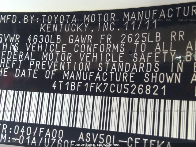 Photo 8 VIN: 4T1BF1FK7CU526821 - TOYOTA CAMRY 