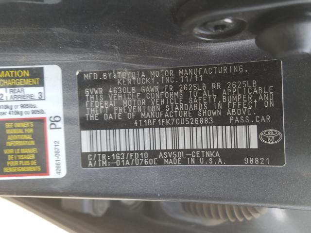 Photo 9 VIN: 4T1BF1FK7CU526883 - TOYOTA CAMRY BASE 