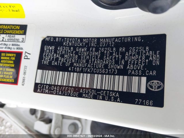 Photo 8 VIN: 4T1BF1FK7CU563173 - TOYOTA CAMRY 