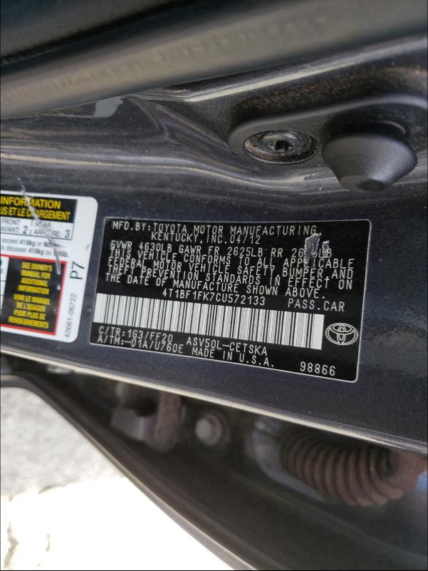 Photo 9 VIN: 4T1BF1FK7CU572133 - TOYOTA CAMRY BASE 