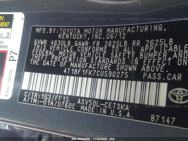 Photo 8 VIN: 4T1BF1FK7CU590275 - TOYOTA CAMRY 