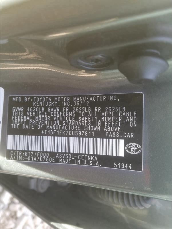 Photo 9 VIN: 4T1BF1FK7CU597811 - TOYOTA CAMRY BASE 