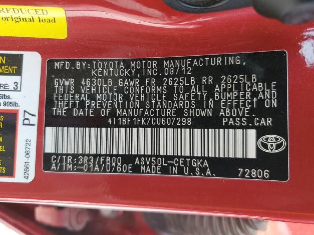 Photo 11 VIN: 4T1BF1FK7CU607298 - TOYOTA CAMRY 