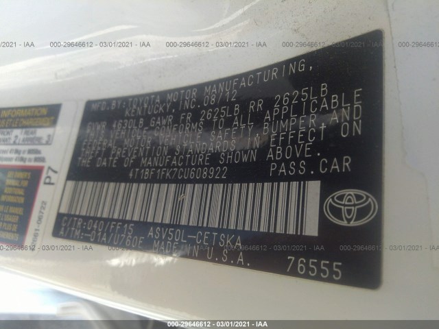 Photo 8 VIN: 4T1BF1FK7CU608922 - TOYOTA CAMRY 