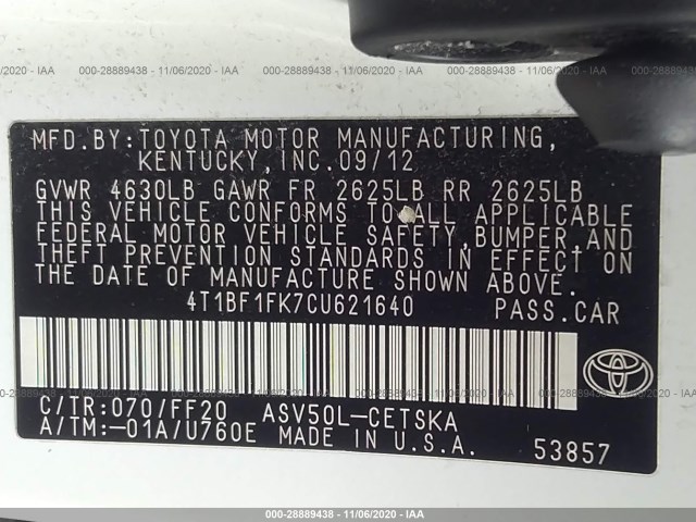 Photo 8 VIN: 4T1BF1FK7CU621640 - TOYOTA CAMRY 