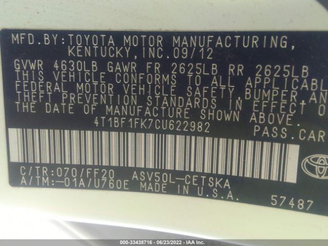 Photo 8 VIN: 4T1BF1FK7CU622982 - TOYOTA CAMRY 