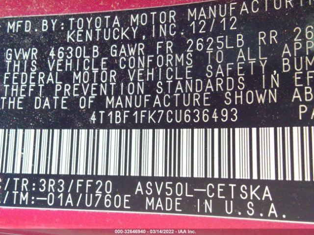 Photo 8 VIN: 4T1BF1FK7CU636493 - TOYOTA CAMRY 