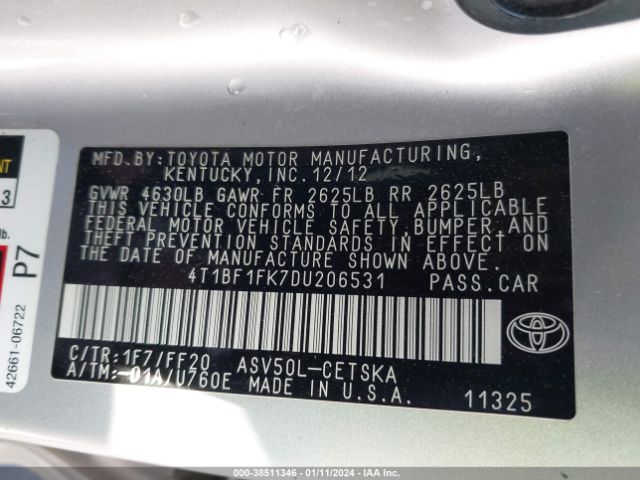 Photo 8 VIN: 4T1BF1FK7DU206531 - TOYOTA CAMRY 