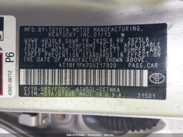 Photo 8 VIN: 4T1BF1FK7DU217920 - TOYOTA CAMRY 